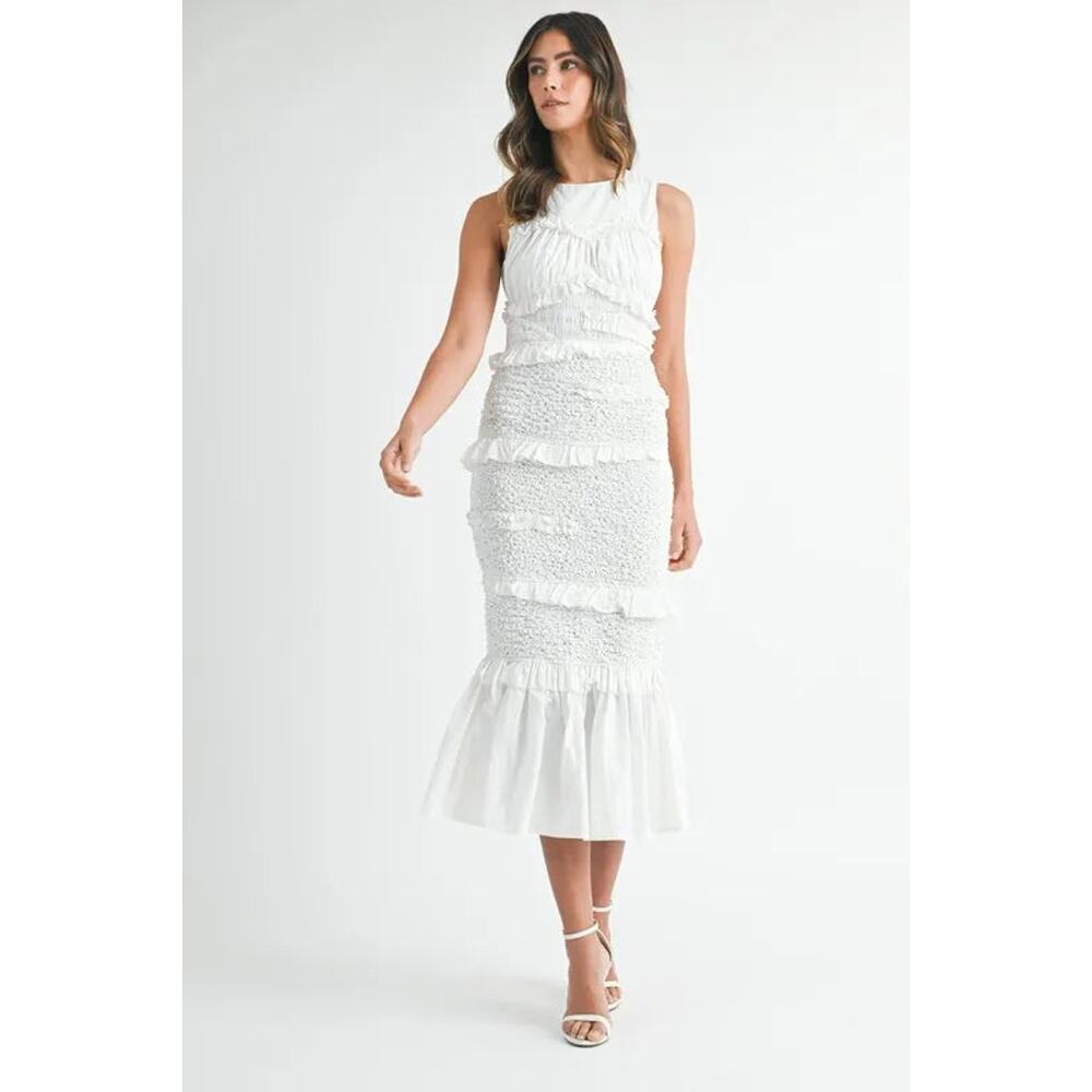 MABLE Ruffled Popcorn Smocked Mermaid Midi Dress - Picture 4 of 10